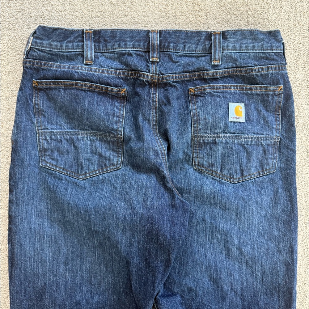 Carhartt Relaxed Fit Jeans Mens 36x32 Dark Wash Blue Denim Workwear Straight Leg - Picture 2 of 12